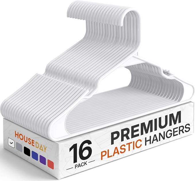 HOUSE DAY Plastic Hangers 16 Pack - Adult Clothes Hangers White - Space Saving, Non-Slip, Durable & Sturdy Hanger with Shoulder Grooves for Closet, Perfect Slim Coat Hanger - Ganchos para Colgar Ropa