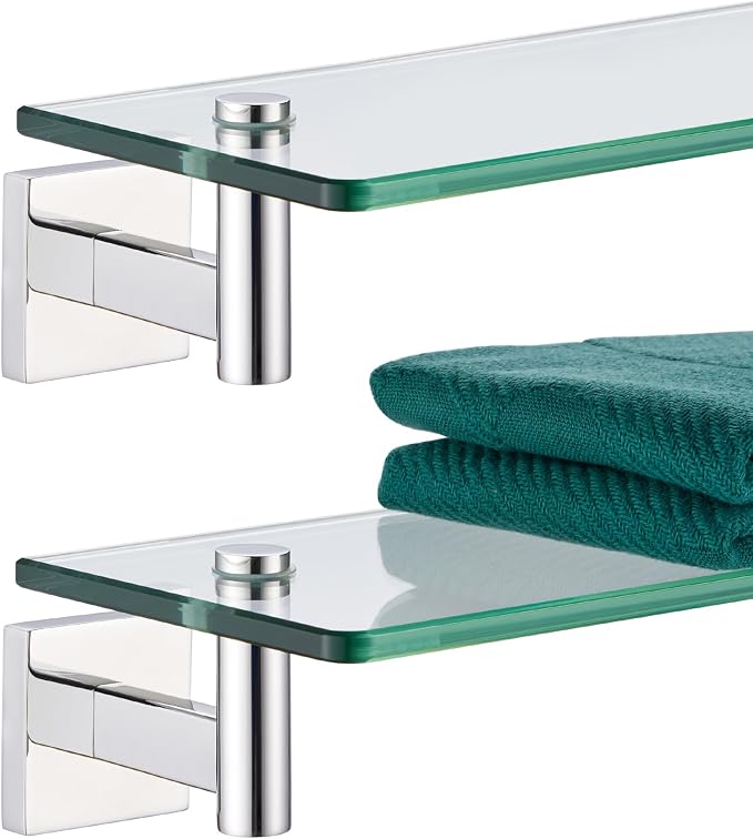 KOKOSIRI Bathroom Shelves Wall Mounted Floating Glass Shelf Polished Stainless Steel 12-Inch Hanging Rack for Storage/Room Decor 2 Pack B1105CH-L12-P2