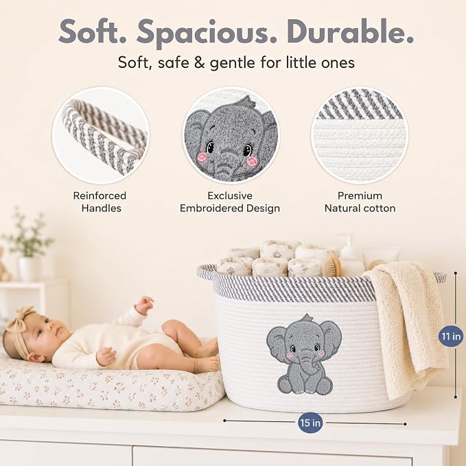 Elephant Nursery Storage Basket, Cotton Rope Toy & Blanket Organizer Bin