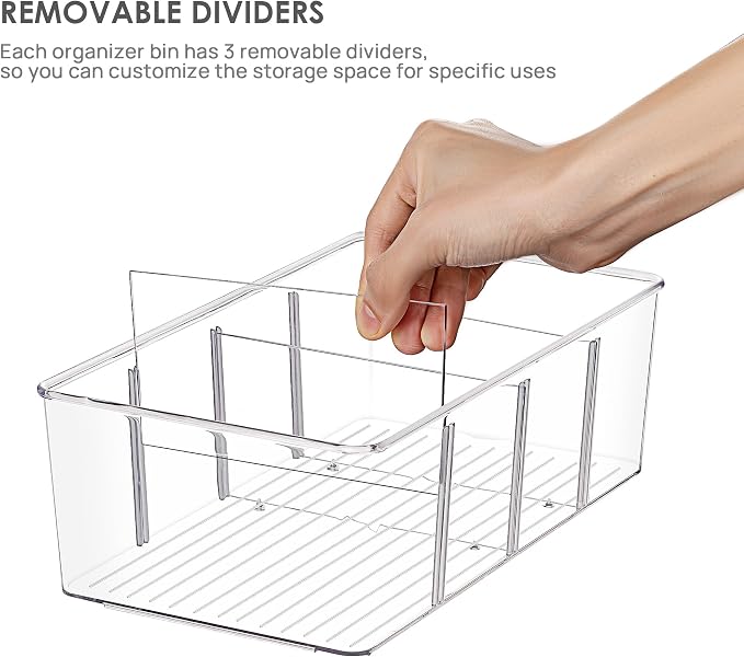Vtopmart 6 Pack Food Storage Organizer Bins, Clear Plastic Bins for Pantry, Kitchen, Fridge, Cabinet Organization and Storage, 4 Compartment Holder Packets, Snacks, Pouches, Spice Packets