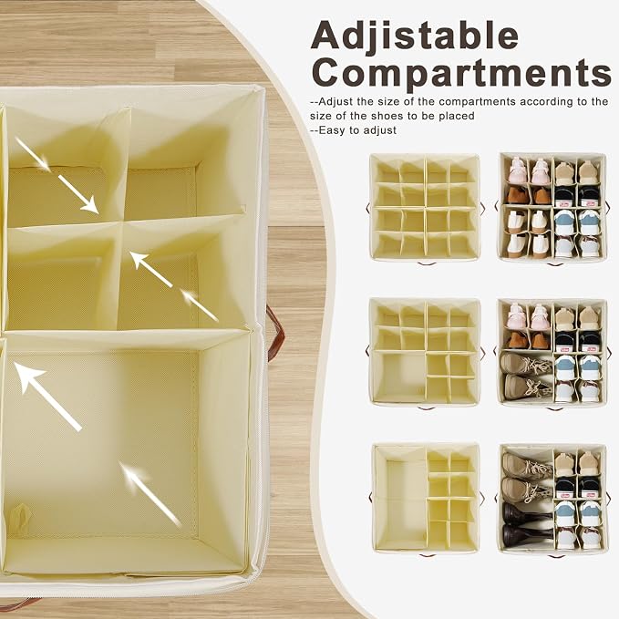 Shoe Organizer for Closet, Shoe Storage Box, Foldable Shoe Box with Adjustable Dividers and Clear Cover, Closet Shoe Organizer Fits up to 16 Pairs, 1-Pack, Extra Storage Pocket for Socks