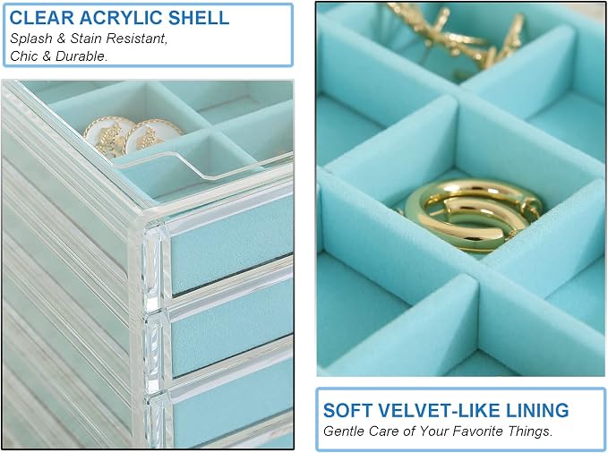 misaya Earring Jewelry Organizer, 5 Drawers Clear Acrylic Jewelry Box for Women, Velvet Earring Display Holder for Earrings Ring Bracelet Necklace, Birthday Present, Turquoise