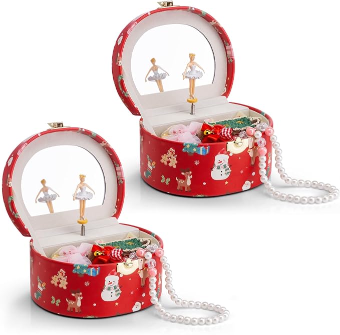 VLANDO 2Pcs Gifts for Girl, Musical Jewelry Box for Girls, Small Kid Music Box with Ballerina for Party Bedroom Decor, Gifts for Girls Kids - Christmas Red
