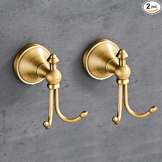 2 Pcs Pack Antique Brass Towel Hook Vintage Coat Hook with 2 Hooks Wall Mounted Robe Hooks for Bathrooms and Kitchen Bronze Hand Towel Hook Hanger with Brushed Gold Finish