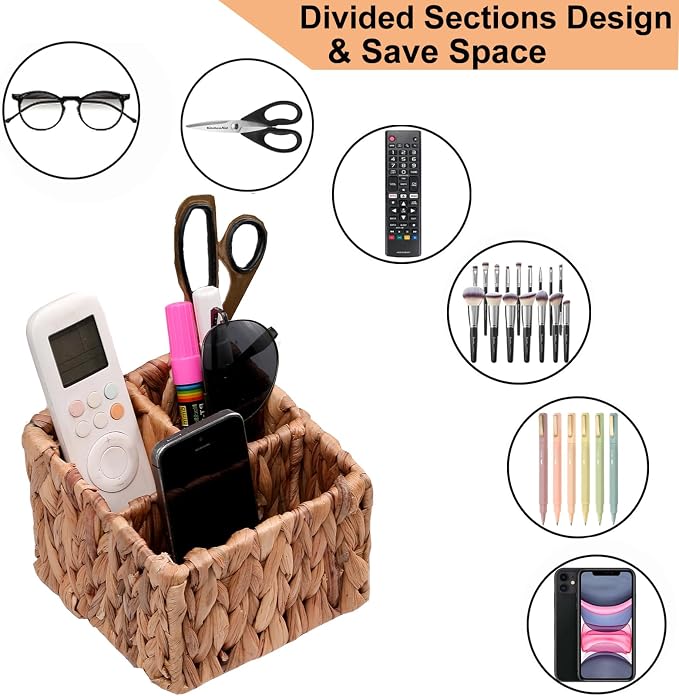 Wicker Remote Control Holder Hand Woven Water Hyacinth Storage Basket with 3 Compartments,Cosmetic Storage Box for Desk,Home Organization