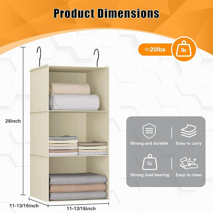 Hanging Closet Organizer 3-Shelf, Oxford Fabric Wardrobe Storage, Beige | Easy-mount foldable design holds clothes, handbags, shoes & accessories; washable Oxford fabric, sturdy and space-saving.