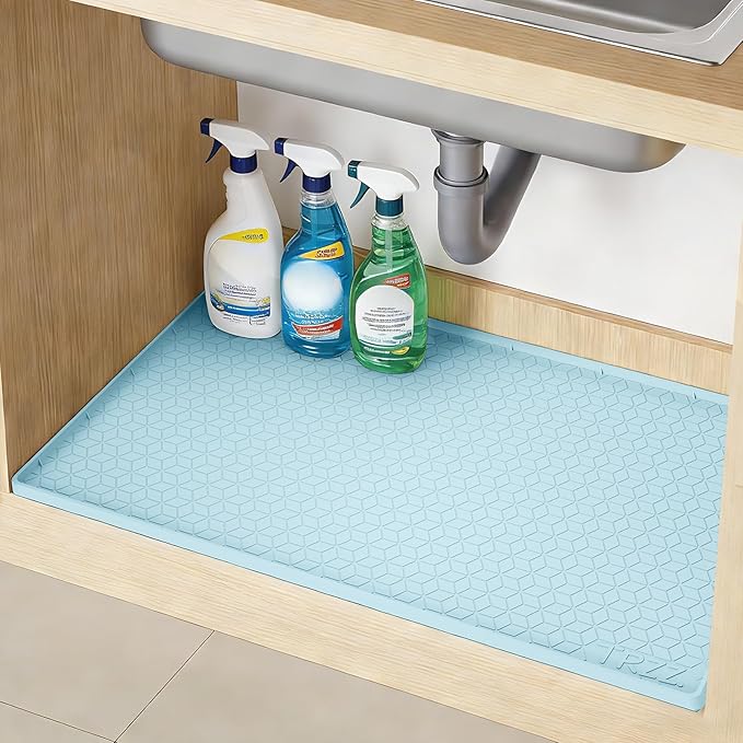 TRZZ Silicone Waterproof Under Sink Mat 31" x 22", Drip Tray and Cabinet Liner for Kitchen and Bathroom, Prevents Water Damage and Organizes Cabinets (Light Blue)