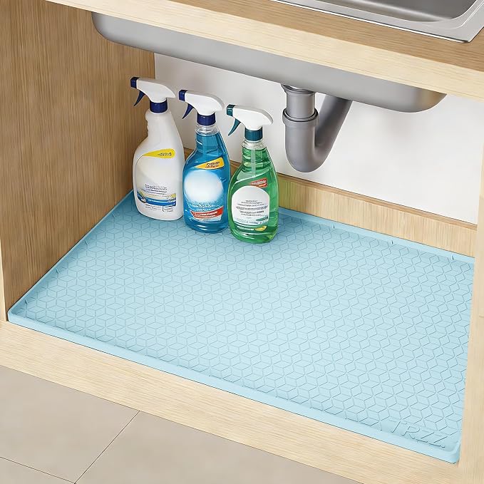 TRZZ Silicone Waterproof Under Sink Mat 28" x 19", Drip Tray and Cabinet Liner for Kitchen and Bathroom, Prevents Water Damage and Organizes Cabinets (Light Blue)