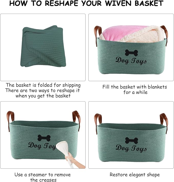 Geyecete X-Large Cotton Rope Dog Basket with Leather handle Blanket Storage Basket Decorative Clothes Hamper Basket | Extra Large Baskets for Blankets or Laundry-Geen
