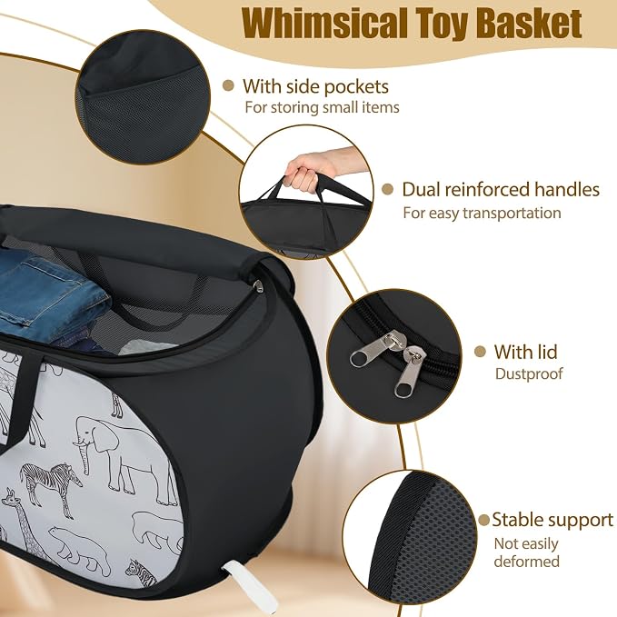 Stuffed Animal Storage Basket with Zipper Lid - Collapsible Toy Basket with Handles - Foldable, Lightweight Sturdy Fabric Animal Print Toy Basket Bin for Kids Room, Nursery, Playroom, Bedroom, Black
