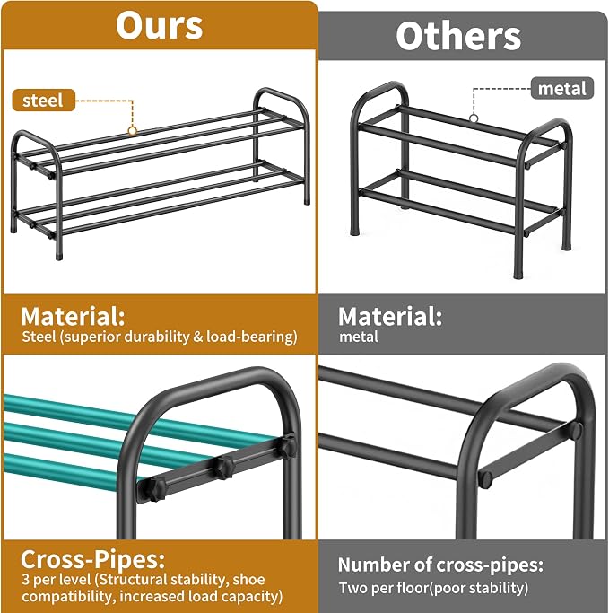 Hleelomi 2-Tier Expandable Shoe Rack for Entryway，Adjustable Metal Shoe Organizer for Closet,Living Room,Dorm,Black