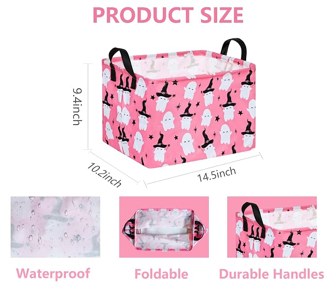 Halloween Ghost Storage Basket with Handles Pink Open Gifts&Candy Spooky Basket stuffers for Kids Baby Collapsible Women Organizer Bins Toys Boxes for Shelves Home Office
