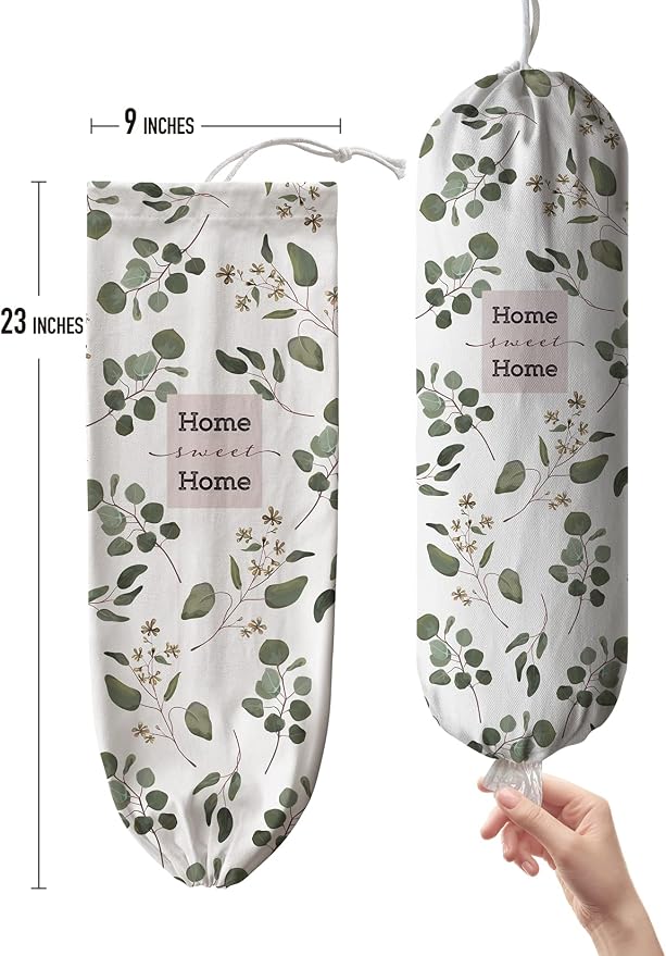 Hglian Grocery Bag Storage Dispenser,Eucalyptus Leaves Plastic Bag Holder,Garbage Shopping Trash bags Organizer,Farmhouse Sweet Home Kitchen Decor
