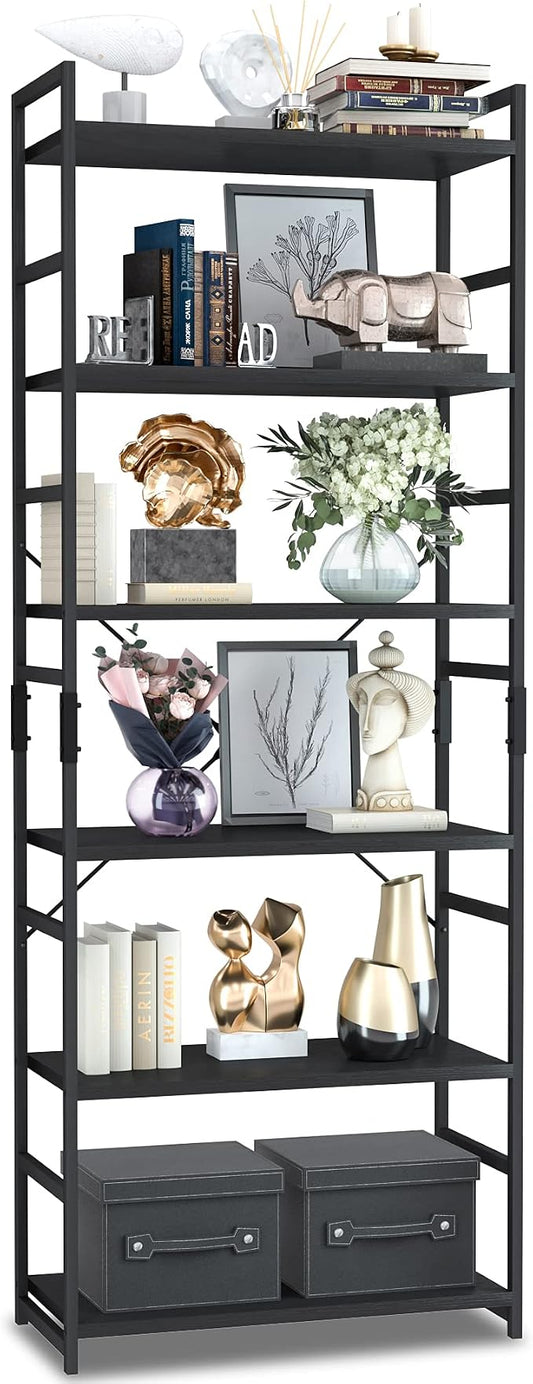 NUMENN 6 Tier Bookshelf, Tall Bookcase Shelf Storage Organizer, Modern Book Shelf for Bedroom, Living Room and Home Office, Black