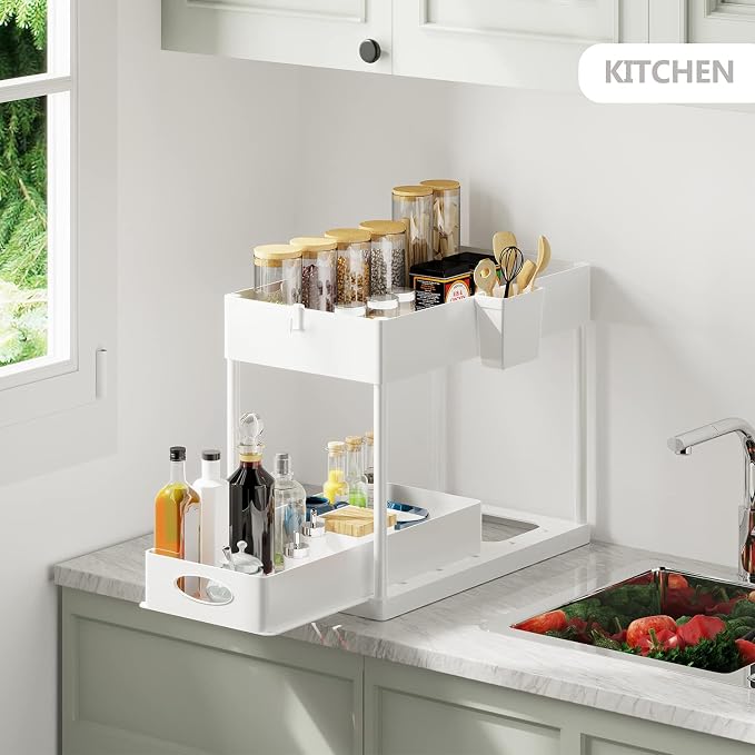 Under Sink Organizers and Storage | Bathroom Cabinet Organizer, Sink Shelf with Utility Hooks and Side Caddy for Under Cabinet Storage | White (2-Pack) Under Kitchen Sink Organizer with Sliding Drawer