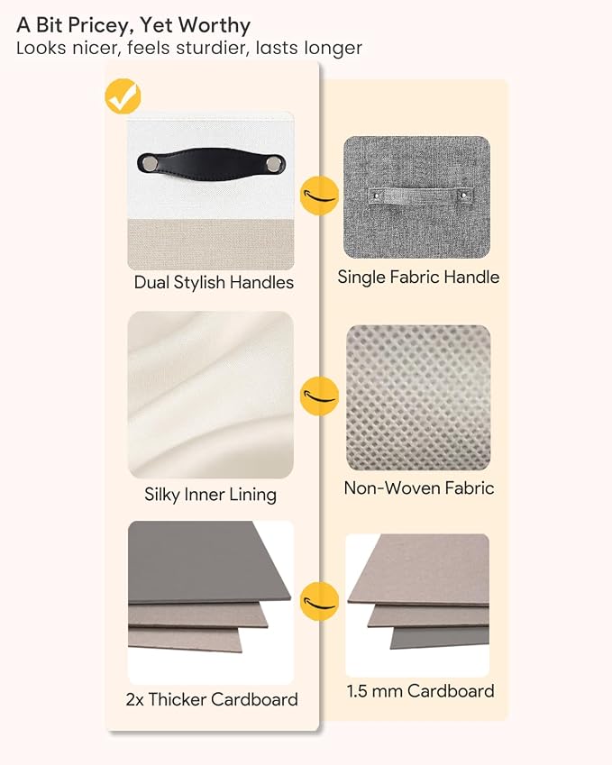 Cube Storage Bins | 13"x15"x13", Beige & White, 4 Pack | Multi-Size | 2X Thick Support Board | Vegan Leather Handles | 7.7 oz/yd² Fabric | Drawer Insert Basket Fits KALLAX