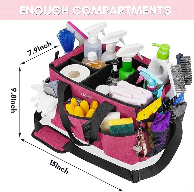 Ytonet Wearable Cleaning Caddy Organizer with Handle & Shoulder Straps, Large Cleaning Tote for Housekeepers, Kitchen Supplies Organizer with Dividers, Under Sink & Car Detailing Bag, Red