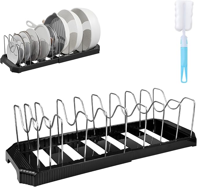 Expandable Pot Rack Organizer, 14 Adjustable Compartments, Pot and Pan Organizer Rack for Cabinet with Cup Brush Dividers, 13 -22" Wide Adjustable Pan Organizer - Pantry Countertop Storage (Black)