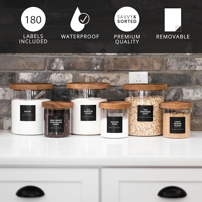 SAVVY & SORTED Black Labels for Containers, 180 Kitchen Labels for Food Storage Container, Pantry Labels for Food Storage, Organize Pantry Essentials Canister Label