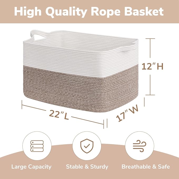 Goodpick Large Blanket Basket 22" x 17" x 12" Woven Storage Baskets for Organizing, Rectangle Baby Toy Storage Basket with Handles, Dirty Clothes Basket for Bedroom