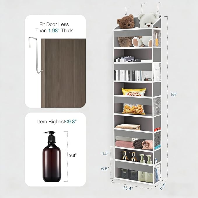 Over The Door Organizer Closet,5 Bins 10 Side Pockets,Hanging Organizer,Anti Tilt 44 lbs Load Organizers and Storage with Clear Window for Bedroom,Nursery,Rv,Bathroom,Camper(Light Grey)