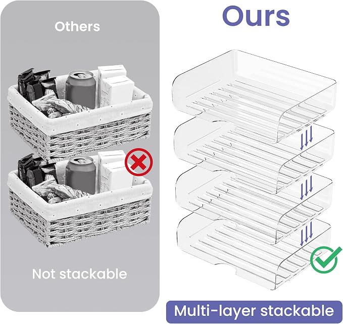 Tomorotec Desk Letter Tray Set, A4 Size Clear PET Stackable Document Organizer Office Desktop File Paper Holder Book Storage Rack Side Load Anti-Skid Stacking Support Convex Bottom (4X Landscape)