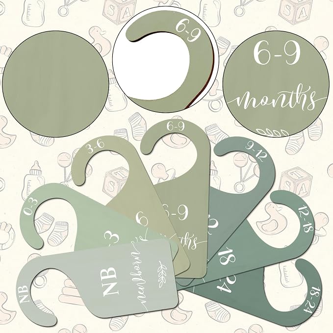 Whaline 7Pcs Green Wooden Baby Closet Size Dividers with Green Velvet Bag Newborn to 24 Month Thicken Infant Wardrobe Hanger Organizers for Home Nursery Supplies