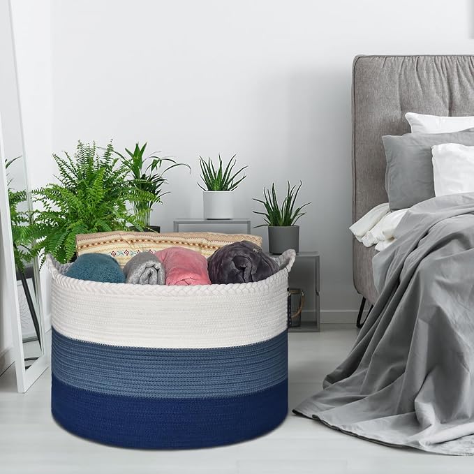 COMSE Extra Large Blanket Basket, Woven Laundry Basket, 21.7”x 13.8”, Nursery Hamper, Cotton Rope Laundry Hamper Living Room for Storage Toys Clothes Towels (White & Cadet Blue & Navy Blue)