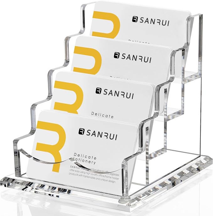 SANRUI Clear Acrylic Business Card Holder for Desk Display Stand Holders Organizer Rack, 4 Tier 4 Pocket, Holds 200 cards