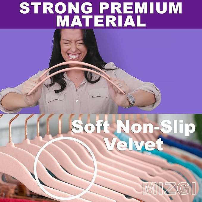 MIZGI Premium Velvet Hangers (50 Pack) Heavy Duty - Non Slip Felt Hangers - Blush Pink - Rose Gold 360 Degree Swivel Hooks,Space Saving Clothes,Durable Strong for Suits,Coats,Dress