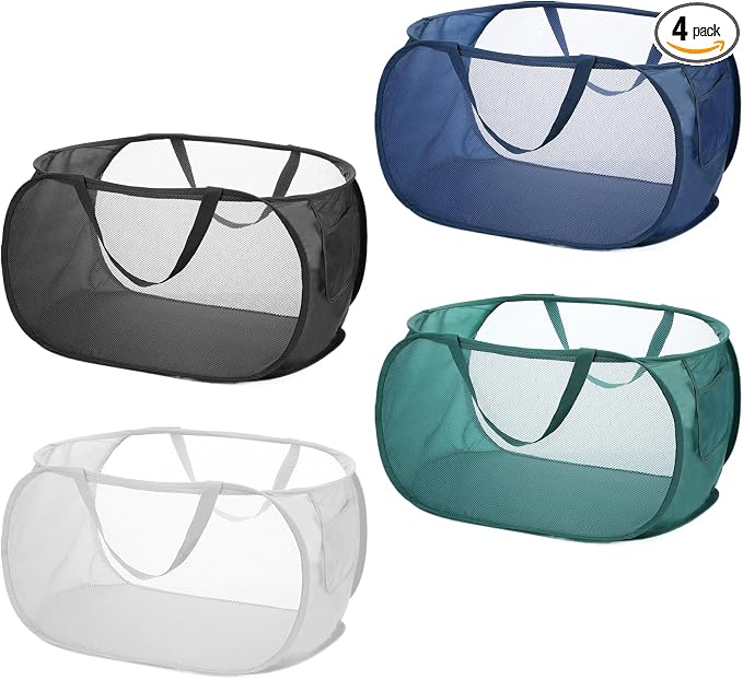 4 Pcs Popup Mesh Laundry Basket, Laundry Hamper with Side Pocket Foldable Storage Basket with Durable Handles for Bathroom Travel Dorm