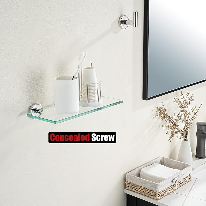 JQK Bathroom Glass Shelf Chrome, Tempered Glass Shower Storage 12 by 5 inches, 304 Stainless Steel Polished Chrome Wall Mount 2 Pack, TGS101L12-CH-P2