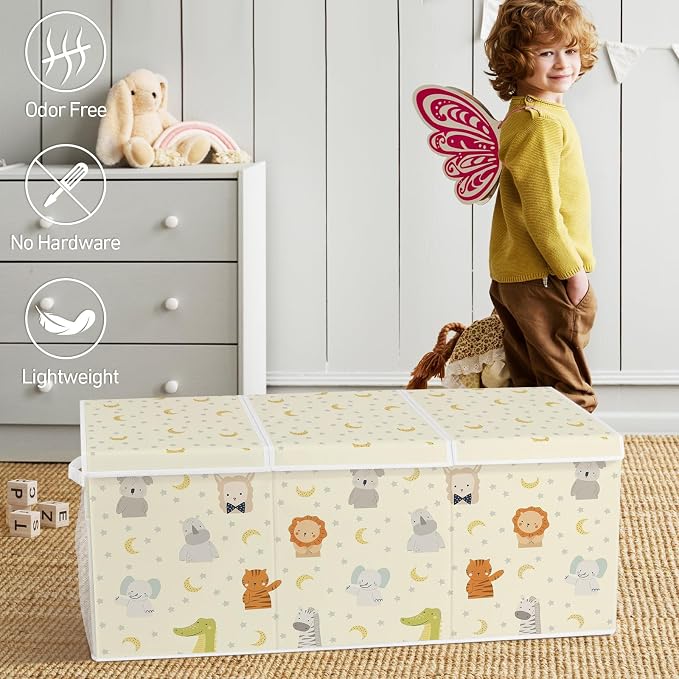 Extra Large Collapsible Toy Box with Lids, Sturdy Storage Organizer for Kids, 38"x16"x13" Toy Chest for Playroom, Nursery, Bedroom, Living Room (Pastel Animals)