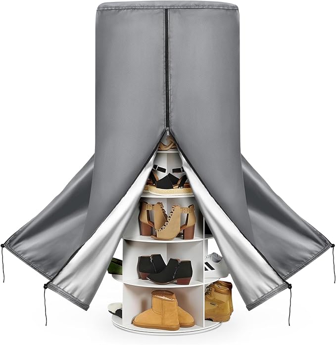 420D Gray Rotating Shoe Rack Tower Cover,25"Dia x 63"H,Cover Only | Spinning Storage Tower Cover – Waterproof, Windproof, Adjustable Drawstring & Zippers,Pet-resistant