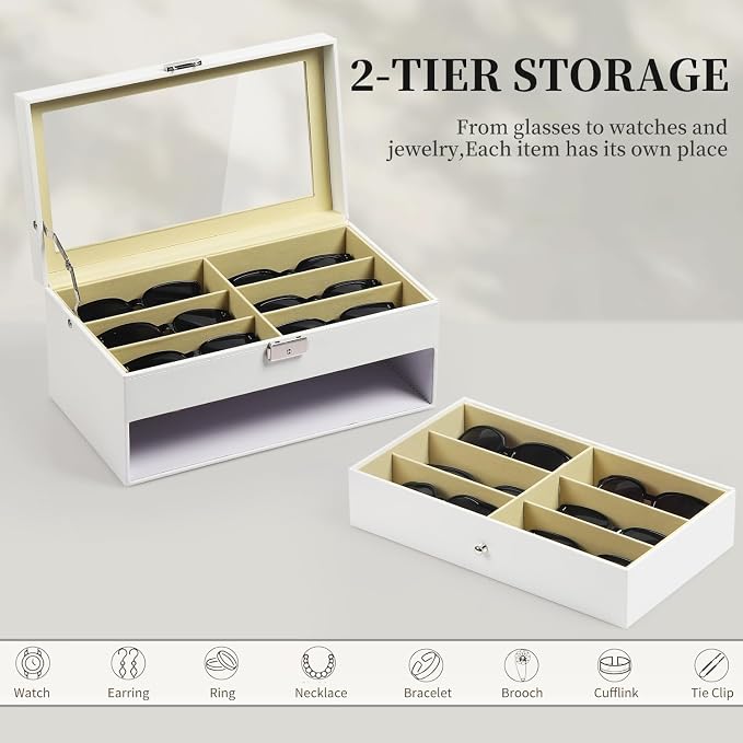 AUTOARK Leather 12 Piece Eyeglasses Storage Display Case,White,AW-053 | Sunglass Organizer,Drawer Lockable,Display Drawer