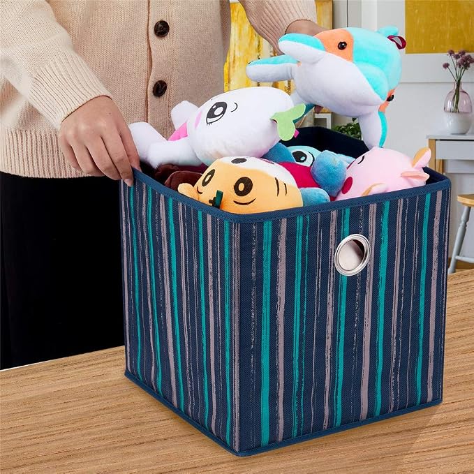 11x11x11 Inch 3 Pack Cube Storage Bins, Blue Fabric Storage Cubes with Teal & Khaki Vertical Gradient Stripes, Collapsible Cloth Storage Bins for Shelves Closet Cubbies