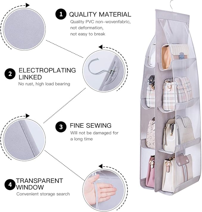 8 Pockets Hanging Purse Handbag Organizer Clear Hanging Shelf Bag Collection Storage