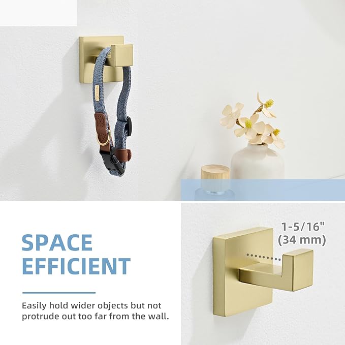 Angle Simple Bathroom Towel Hook Brushed Gold, SUS304 Stainless Steel Hand Towel Holder, Robe Hat Coat Hook for Wall Mount