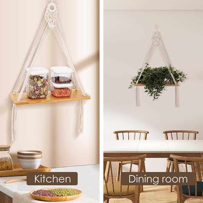 Sunkaioo Macrame Wall Hanging Shelf Set of 2,Boho Wooden Display Floating Shelves for Wall Decor with Handmade Woven Rope,Farmhouse Rustic Plant Shelf for Bedroom Dorm Nursery Living Room Bathroom