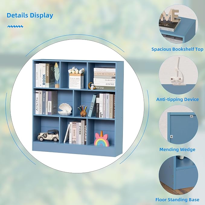 YAHARBO 3 Tier Bookshelf,Wide Kids Horizontal Bookcase,8 Cube Blue Book Shelf,Large Display Toy Storage Cabinet with Base,Floor Standing Modern Bookcases Organizer for Bedroom,Nursery,Playroom