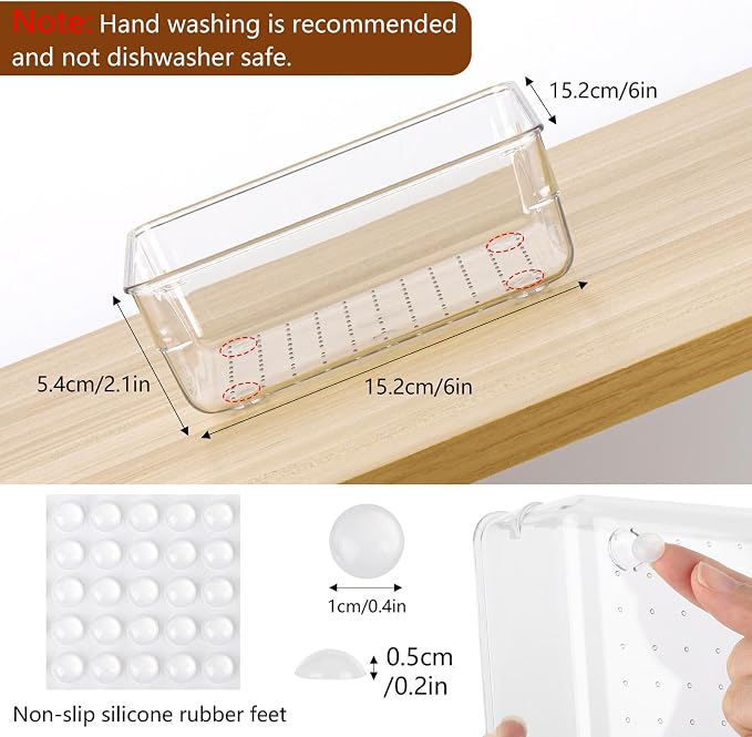 6 Pcs Large Clear Plastic Drawer Organizers Tray 6" x 6" Storage Bins with 25 Pcs Non-Slip Pads for Makeup, Jewelries, Kitchen Utensils, Bathroom and Office