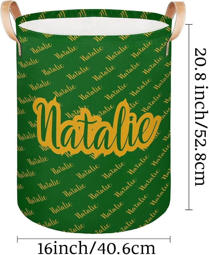 Personalized Laundry Basket, Custom Gift Laundry Hamper, Collapsible Nursery Waterproof Laundry Baskets, Dirty Clothes Toy Hamper with Handles Name Gold Green