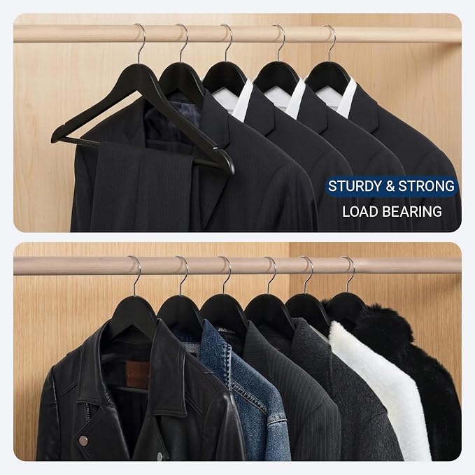 Amber Home Solid Wood Suit Coat Hangers 30 Pack, Smooth Black Finish Wooden Dress Hangers with Non Slip Pant Bar, Clothes Hangers with 360 Swivel Hook & Notches for Jacket, Pant, Shirt (Black, 30)