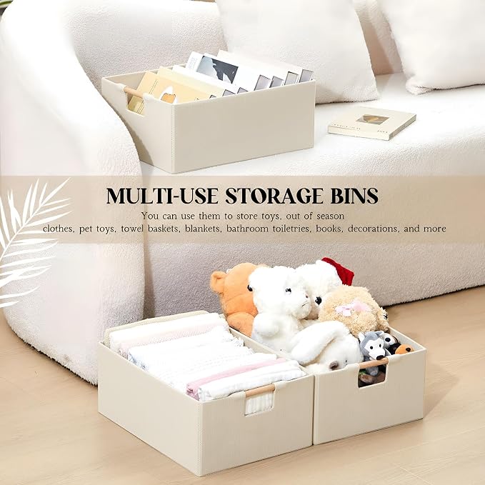 Cinnvoice 3 Pack Fabric Storage Bins for Closet Shelves, 15 x 10.6 x 6 Inch Beige Rectangle Wardrobe Organizer with Handle, Collapsible Shelves Storage Basket for Sorting Clothes and Toy