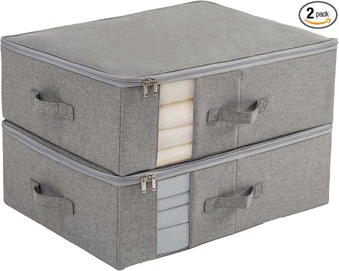 Under Bed Storage with Clear window/ 600D Sturdy Fabric, Underbed Storage Containers Bags for Clothes, Clothing, Blanket, Comforters (M（21.7x16.5x7in） for under bed storage, Light grey)