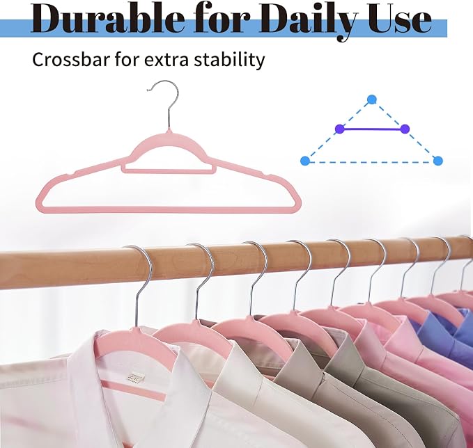 Smartor Pink Velvet Hangers 20 Pack, Space Saving Clothes Hanger with Tie Bar, Non-Slip Felt Hangers with Shoulder Notches, Heavy Duty Suit Hanger for Coat, Shirt, Pants, Dress | Non-slip Felt, Shoulder Notches and 360° Hooks Keep Suits, Dresses and Pa...