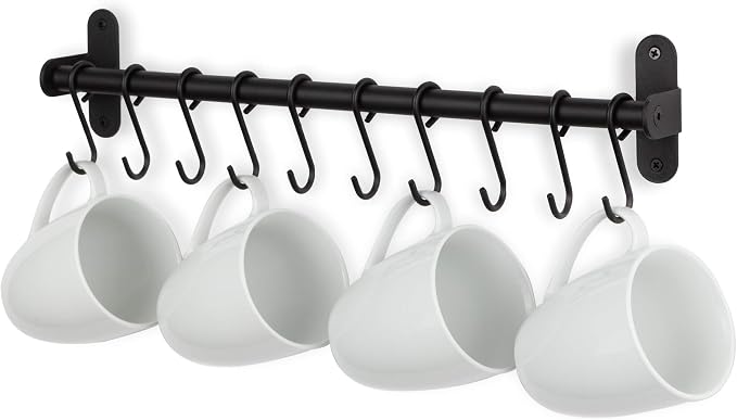 Wallniture Lyon Kitchen Rail with 10 Utensil Holder S Hooks for Hanging Kitchen Utensils Set and Cookware, 17" Frosty Black