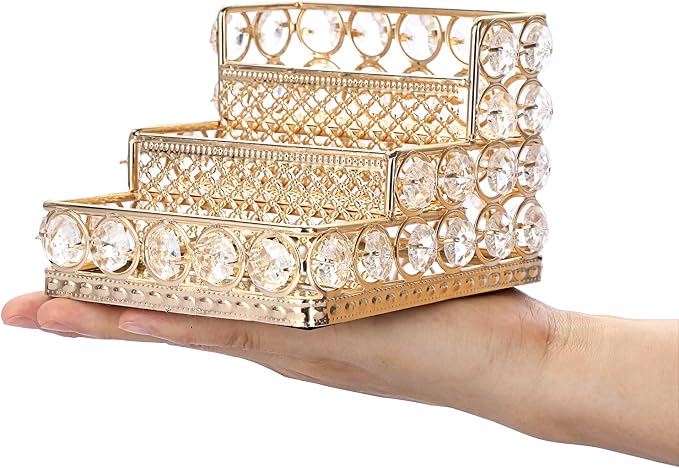 Hipiwe Crystal Business Card Holder - 3 Tiers Gold Mirrored Name Card Display Stand Desktop Business Card Storage Organizer for Office Desk, Holds 120 Business Cards