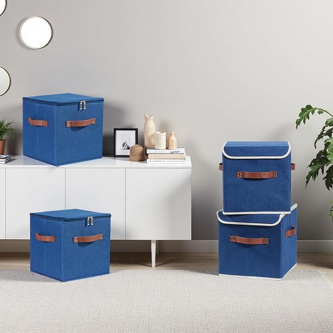 4PCS Storage Cubes with Lid Fabric Storage Bin Box PU Leather Handles Cotton Linen Closet Organizer Container Decorative Foldable Washable Shelf Cloth Basket (Zipper Lid, Deep Blue, 11in)