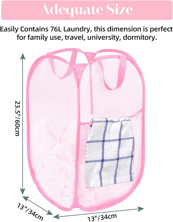 2 Pcs Durable Collapsible Laundry Baskets - Reinforced Mesh Pop Up Laundry Hamper with Pocket, Foldable Dirty Clothes Hamper with Carry Handles for Laundry, Bathroom, Kids Room, Dorm or Travel Pink